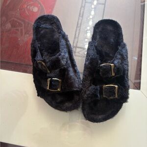 Black Faux Fur Buckle Slides Sandals Cork Sole Size EU 38 / US 7–7.5 NWOT